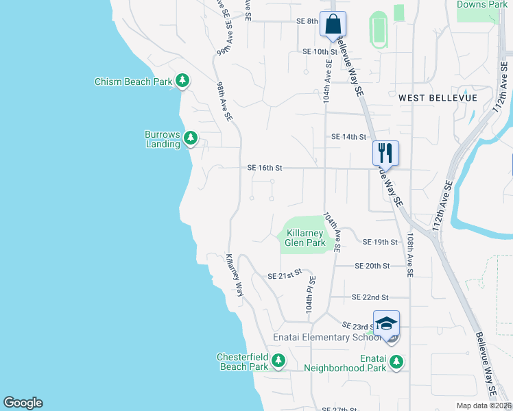 map of restaurants, bars, coffee shops, grocery stores, and more near 1668 100th Place Southeast in Bellevue