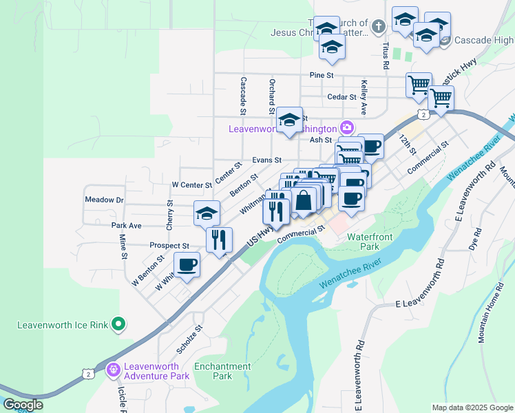 map of restaurants, bars, coffee shops, grocery stores, and more near 233 West Whitman Street in Leavenworth