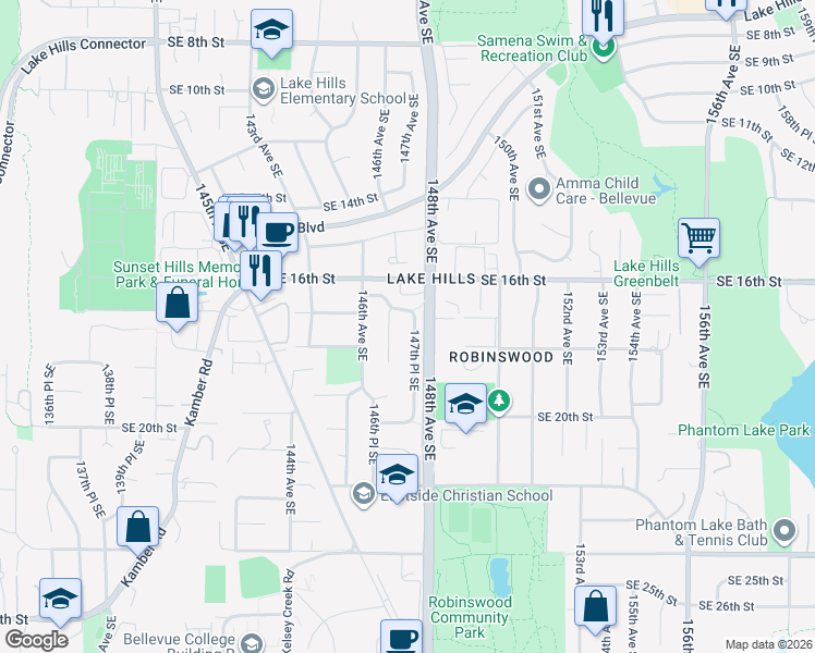 map of restaurants, bars, coffee shops, grocery stores, and more near 1713 147th Place Southeast in Bellevue