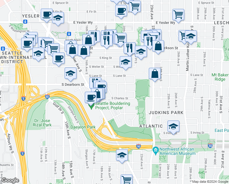 map of restaurants, bars, coffee shops, grocery stores, and more near 828 19th Avenue South in Seattle
