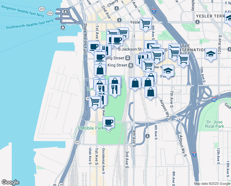 map of restaurants, bars, coffee shops, grocery stores, and more near 800 Occidental Avenue South in Seattle