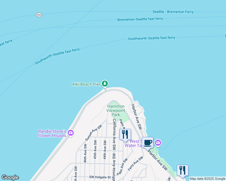 map of restaurants, bars, coffee shops, grocery stores, and more near 1589 Alki Avenue Southwest in Seattle