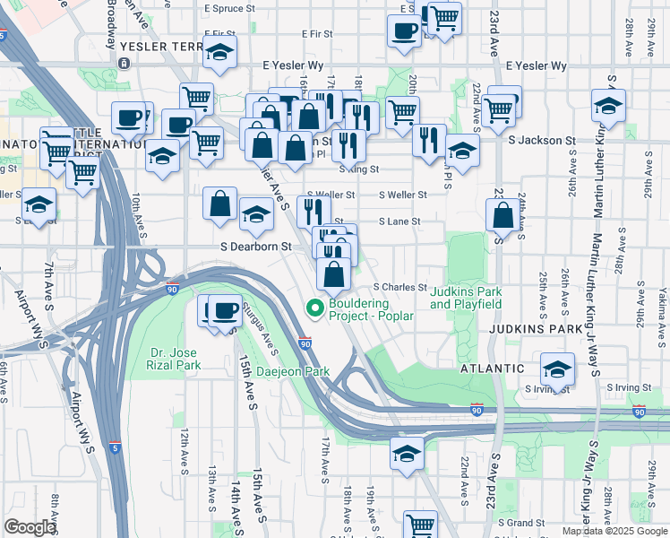 map of restaurants, bars, coffee shops, grocery stores, and more near 835 Hiawatha Place South in Seattle