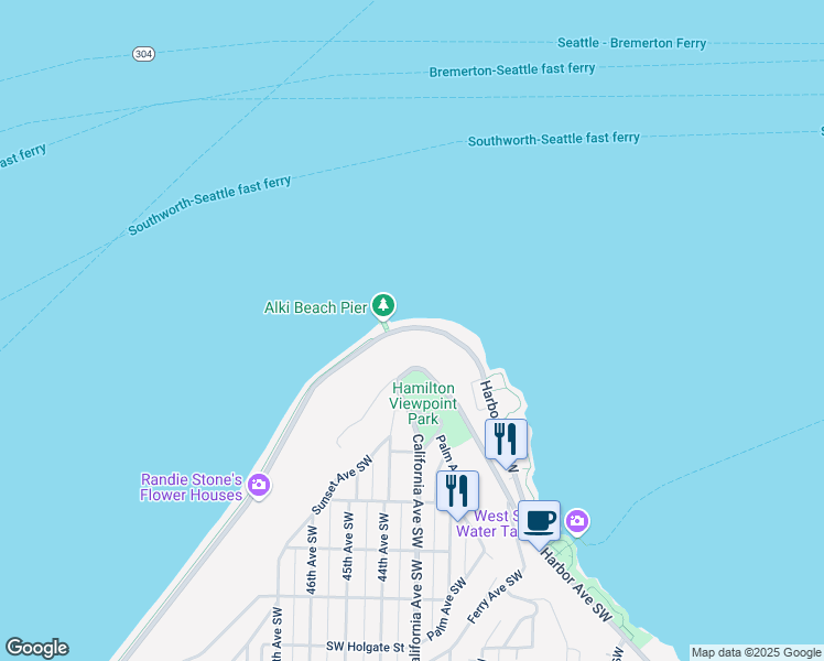 map of restaurants, bars, coffee shops, grocery stores, and more near 1140 Alki Avenue Southwest in Seattle