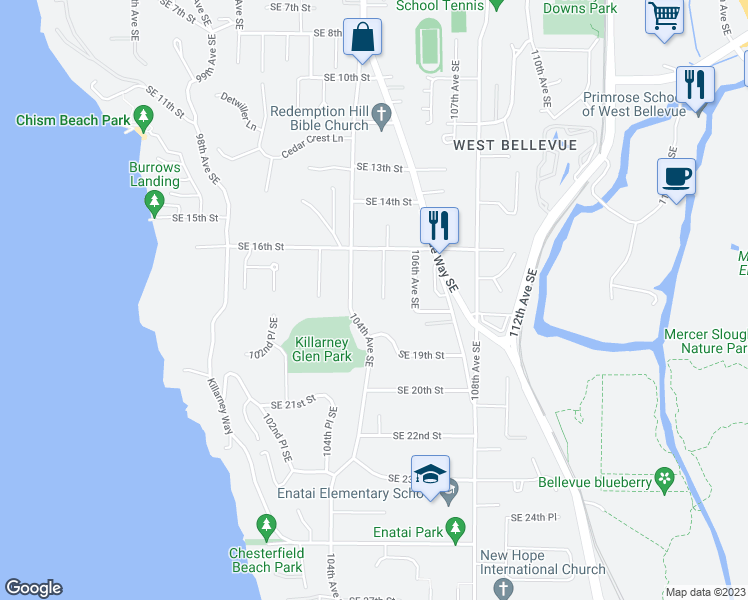map of restaurants, bars, coffee shops, grocery stores, and more near 1653 105th Avenue Southeast in Bellevue