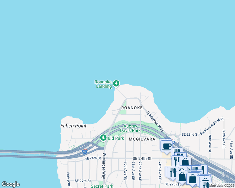 map of restaurants, bars, coffee shops, grocery stores, and more near 1615 Roanoke Way in Mercer Island
