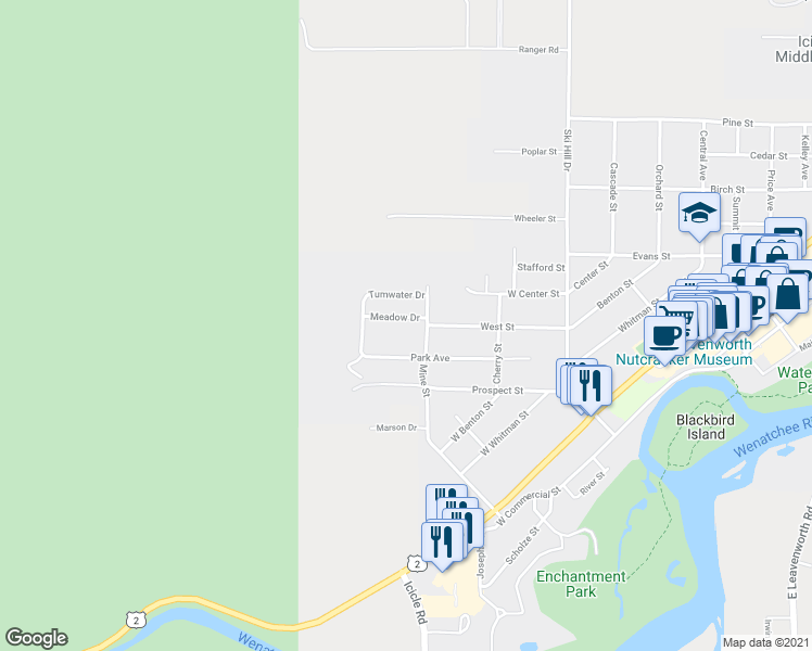 map of restaurants, bars, coffee shops, grocery stores, and more near 309 Meadow Drive in Leavenworth