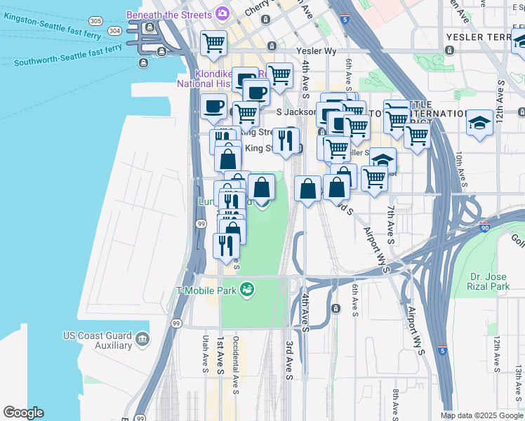 map of restaurants, bars, coffee shops, grocery stores, and more near 800 Occidental Avenue South in Seattle