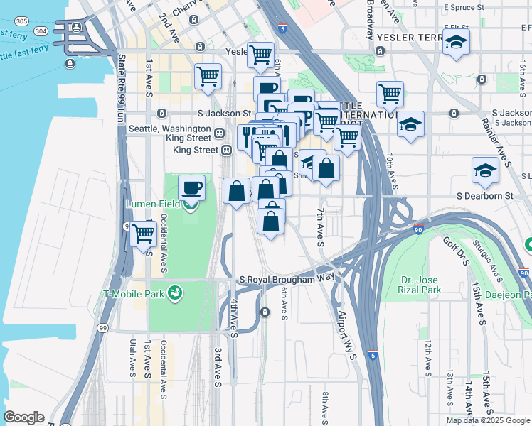 map of restaurants, bars, coffee shops, grocery stores, and more near 815 Airport Way South in Seattle
