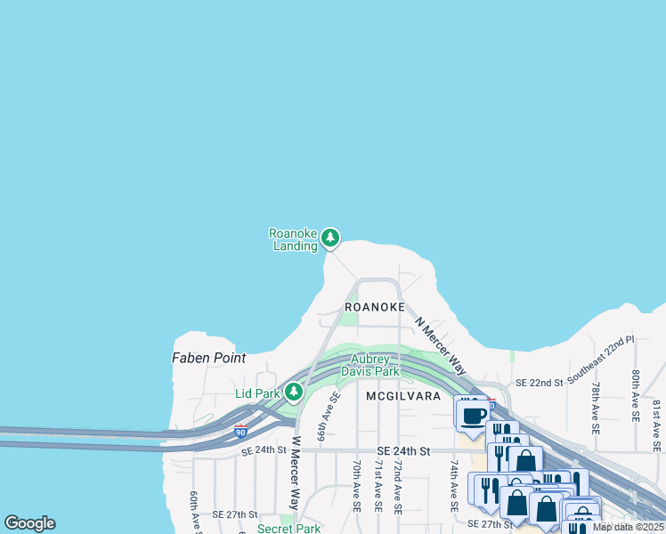 map of restaurants, bars, coffee shops, grocery stores, and more near 1615 Roanoke Way in Mercer Island