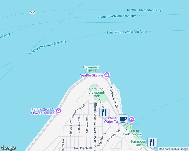 map of restaurants, bars, coffee shops, grocery stores, and more near 1589 Alki Avenue Southwest in Seattle
