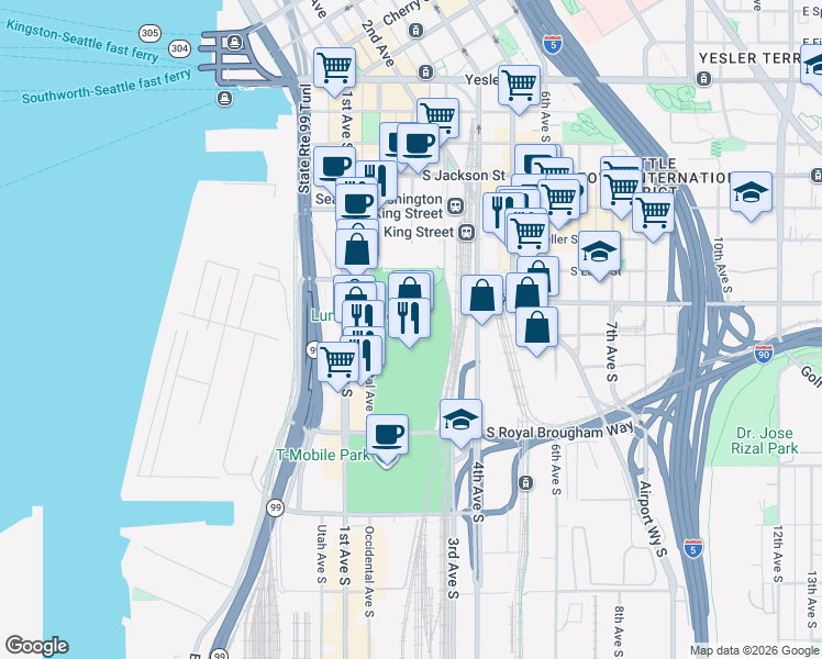 map of restaurants, bars, coffee shops, grocery stores, and more near 800 Occidental Avenue South in Seattle