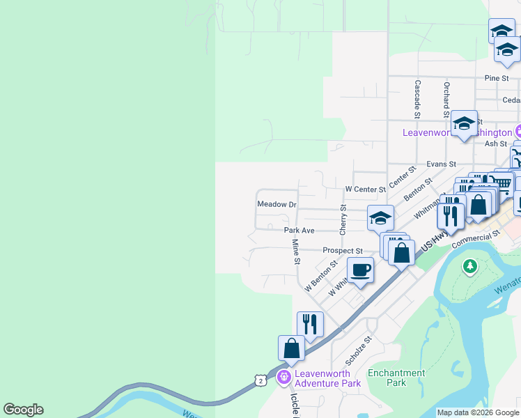 map of restaurants, bars, coffee shops, grocery stores, and more near 329 Meadow Drive in Leavenworth
