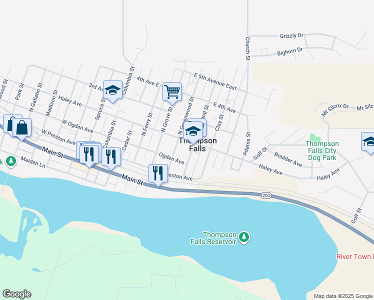 map of restaurants, bars, coffee shops, grocery stores, and more near 222 Woodland Street in Thompson Falls