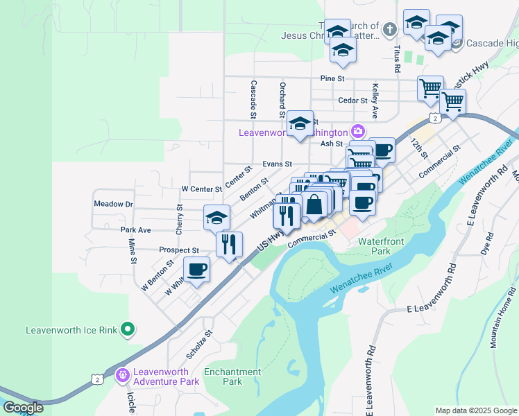 map of restaurants, bars, coffee shops, grocery stores, and more near 233 West Whitman Street in Leavenworth