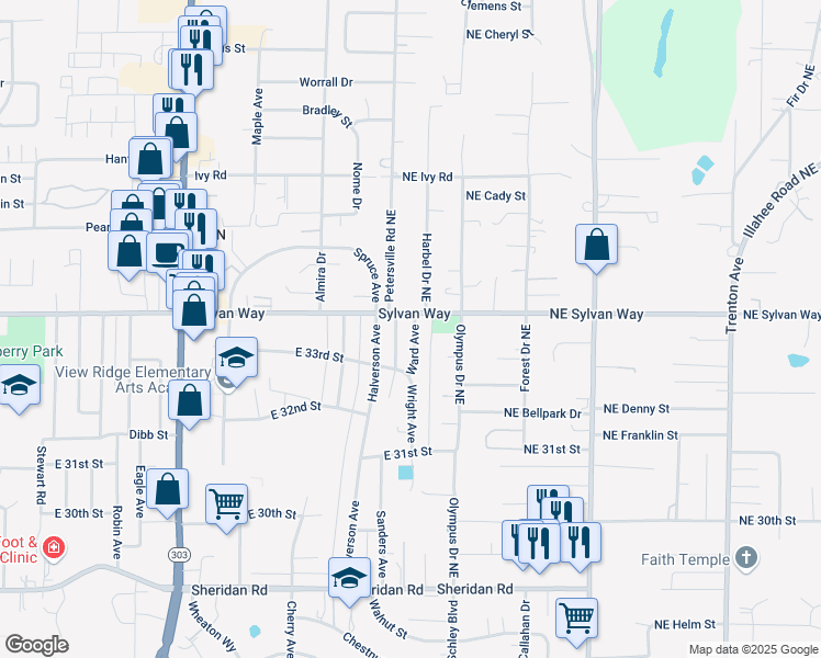 map of restaurants, bars, coffee shops, grocery stores, and more near 3329 Ward Avenue in Bremerton