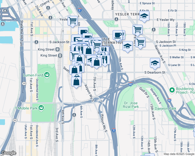 map of restaurants, bars, coffee shops, grocery stores, and more near 848 7th Avenue South in Seattle