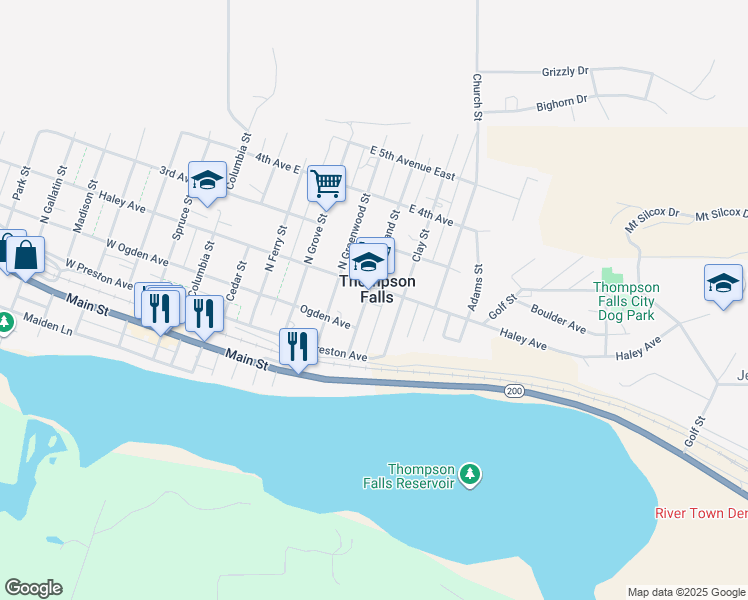 map of restaurants, bars, coffee shops, grocery stores, and more near 222 Woodland Street in Thompson Falls