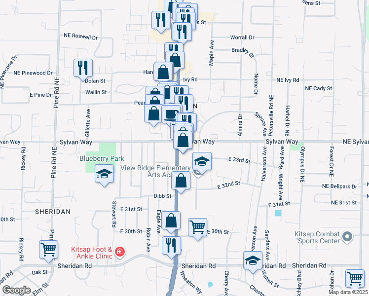 map of restaurants, bars, coffee shops, grocery stores, and more near 3314 Harkins Place in Bremerton
