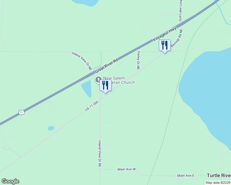 map of restaurants, bars, coffee shops, grocery stores, and more near 388 Bemidji Road Northwest in Turtle River