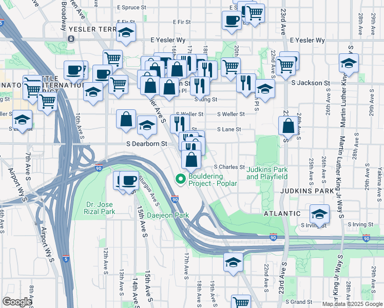 map of restaurants, bars, coffee shops, grocery stores, and more near 827 Hiawatha Place South in Seattle