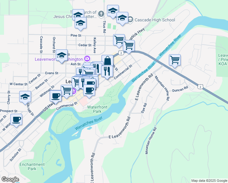 map of restaurants, bars, coffee shops, grocery stores, and more near 347 Division Street in Leavenworth