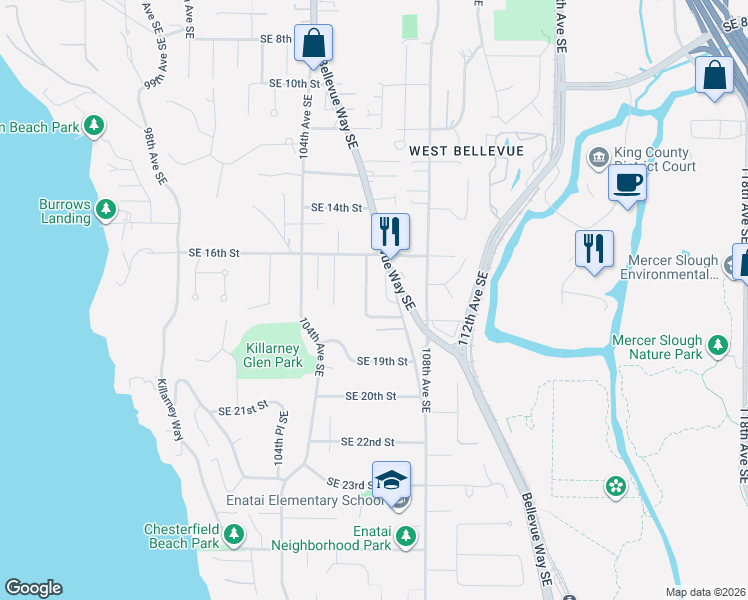 map of restaurants, bars, coffee shops, grocery stores, and more near 1646 106th Avenue Southeast in Bellevue