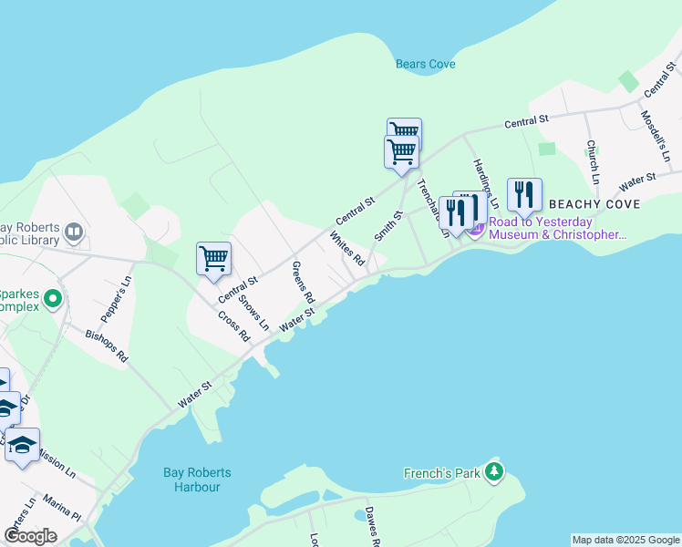map of restaurants, bars, coffee shops, grocery stores, and more near 255 Water Street in Bay Roberts