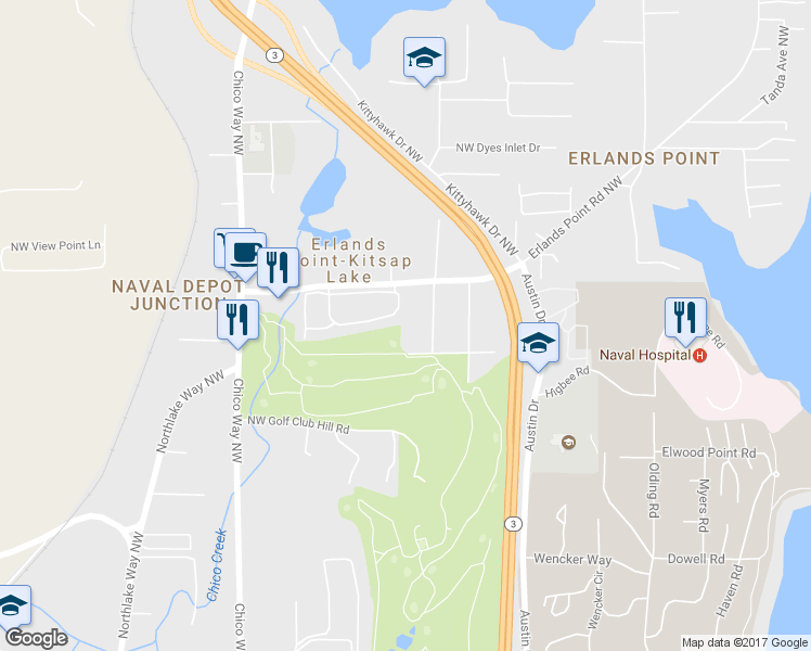 map of restaurants, bars, coffee shops, grocery stores, and more near 3454 Golf Club Road in Bremerton