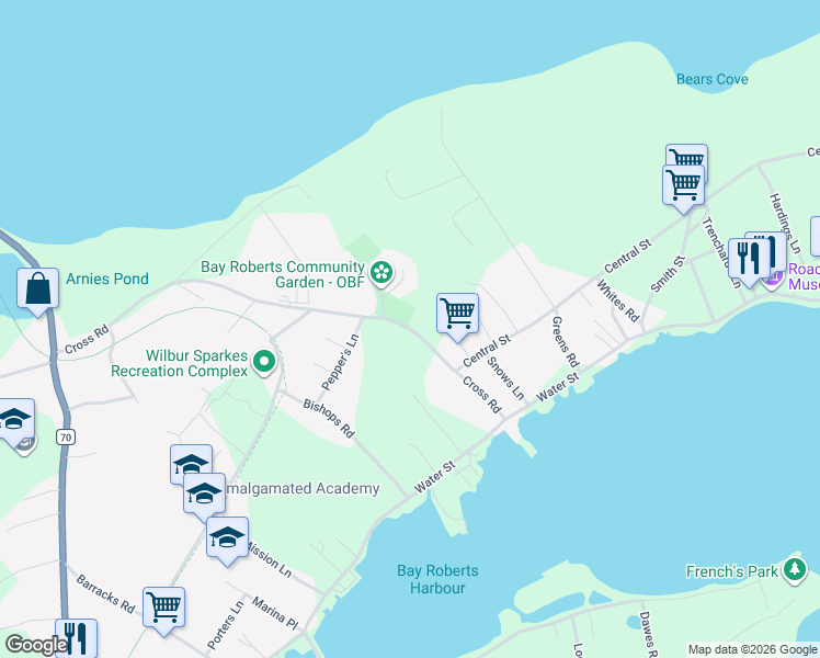 map of restaurants, bars, coffee shops, grocery stores, and more near 37 Cross Road in Bay Roberts