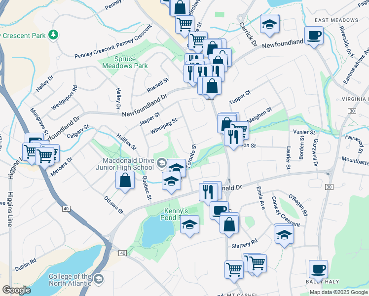 map of restaurants, bars, coffee shops, grocery stores, and more near 6 Charlottetown Place in Saint John's