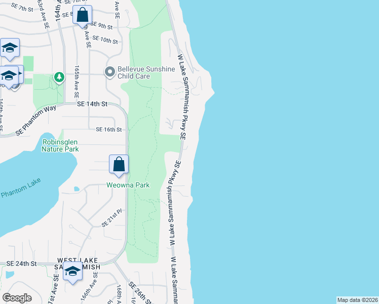 map of restaurants, bars, coffee shops, grocery stores, and more near 1700 West Lake Sammamish Parkway Southeast in Bellevue