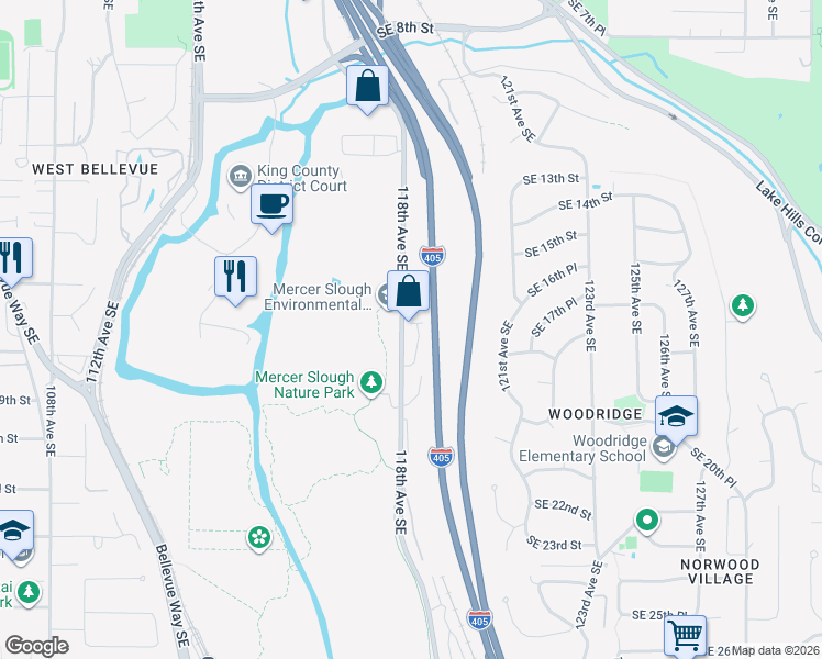 map of restaurants, bars, coffee shops, grocery stores, and more near 1688 118th Avenue Southeast in Bellevue