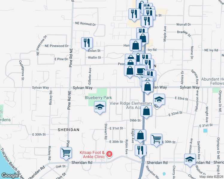 map of restaurants, bars, coffee shops, grocery stores, and more near 3324 Phillips Avenue in Bremerton