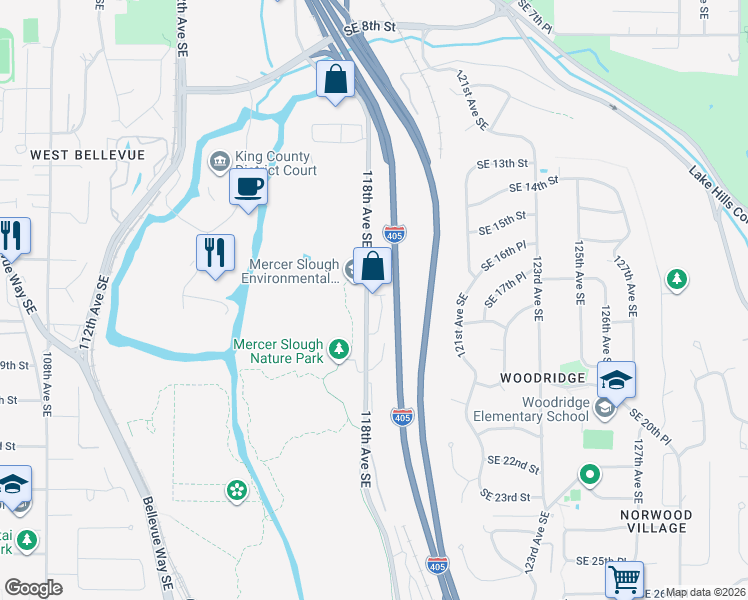 map of restaurants, bars, coffee shops, grocery stores, and more near 1688 118th Avenue Southeast in Bellevue