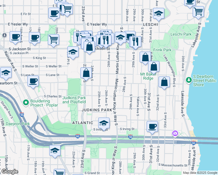 map of restaurants, bars, coffee shops, grocery stores, and more near 2611 South Dearborn Street in Seattle