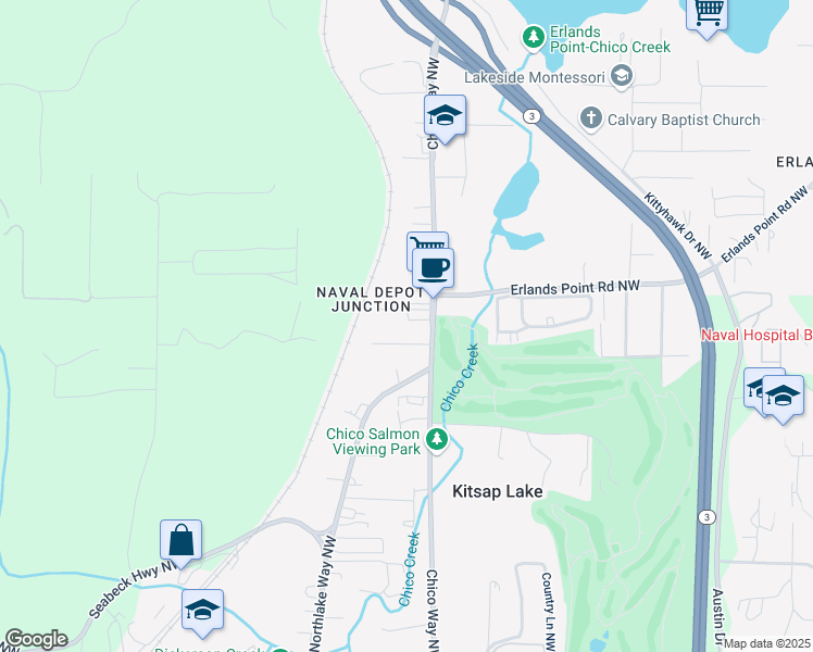 map of restaurants, bars, coffee shops, grocery stores, and more near 3301 Chico Way Northwest in Bremerton