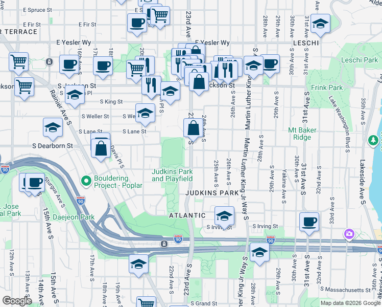 map of restaurants, bars, coffee shops, grocery stores, and more near 802C 23rd Avenue South in Seattle