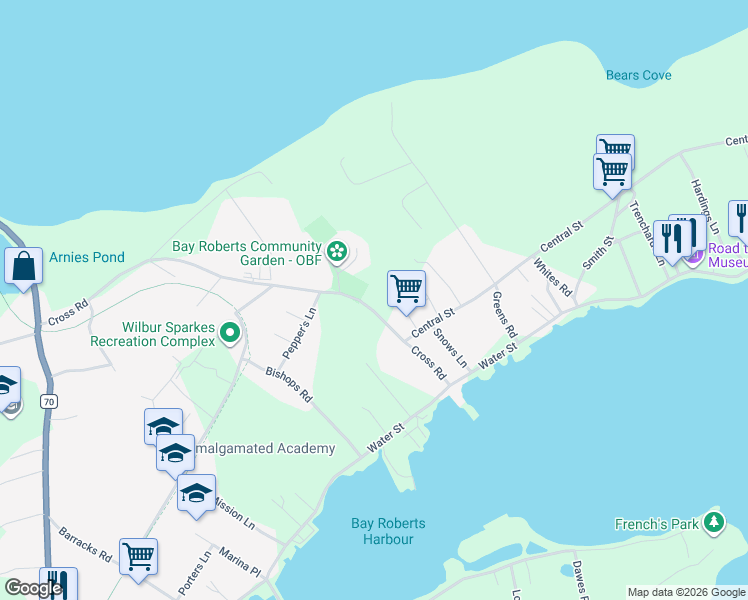 map of restaurants, bars, coffee shops, grocery stores, and more near 37 Cross Road in Bay Roberts