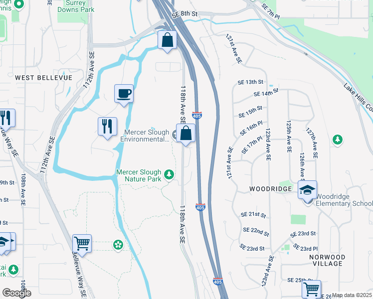 map of restaurants, bars, coffee shops, grocery stores, and more near 1688 118th Avenue Southeast in Bellevue