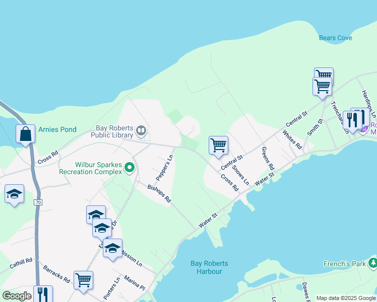 map of restaurants, bars, coffee shops, grocery stores, and more near 45 Cross Road in Bay Roberts