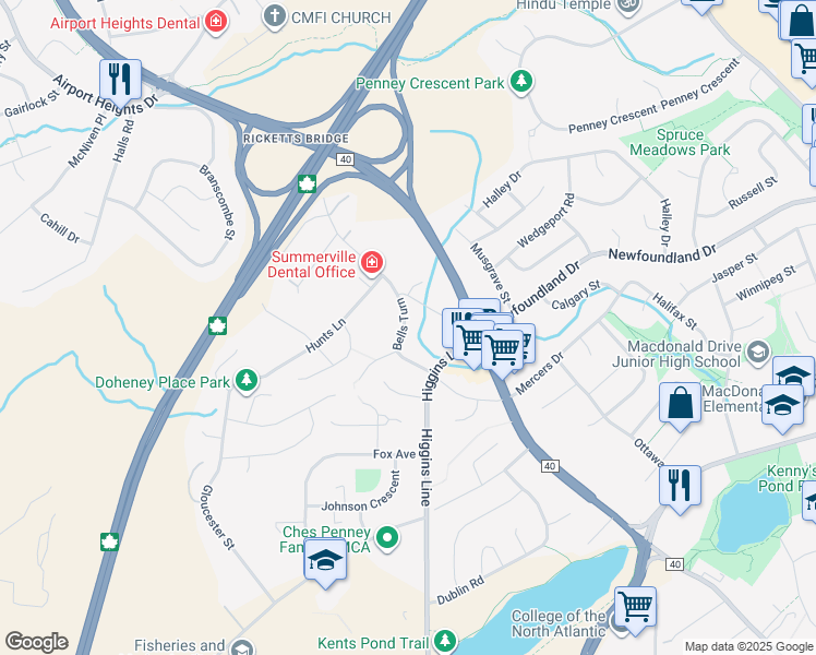 map of restaurants, bars, coffee shops, grocery stores, and more near 44 Bells Turn in Saint John's