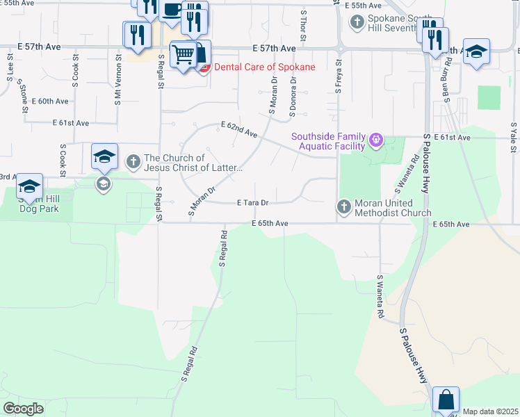 map of restaurants, bars, coffee shops, grocery stores, and more near 3306 East Tara Drive in Spokane