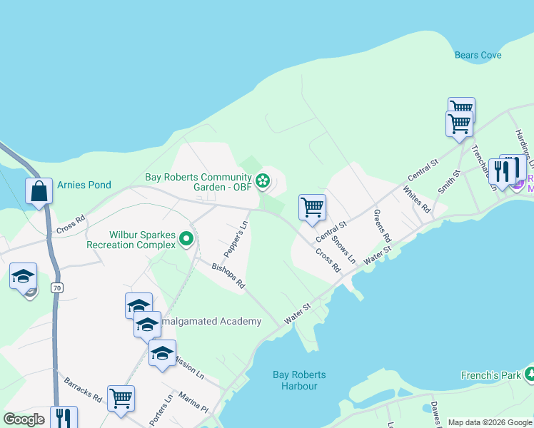 map of restaurants, bars, coffee shops, grocery stores, and more near 45 Cross Road in Bay Roberts