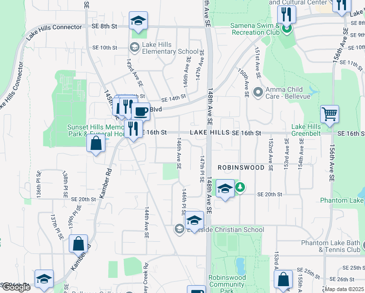 map of restaurants, bars, coffee shops, grocery stores, and more near 1718 146th Avenue Southeast in Bellevue