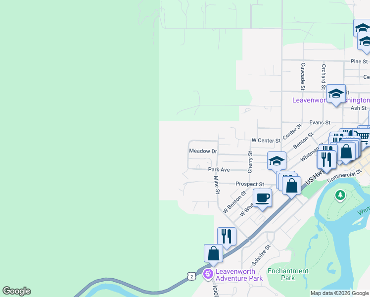 map of restaurants, bars, coffee shops, grocery stores, and more near 329 Meadow Drive in Leavenworth