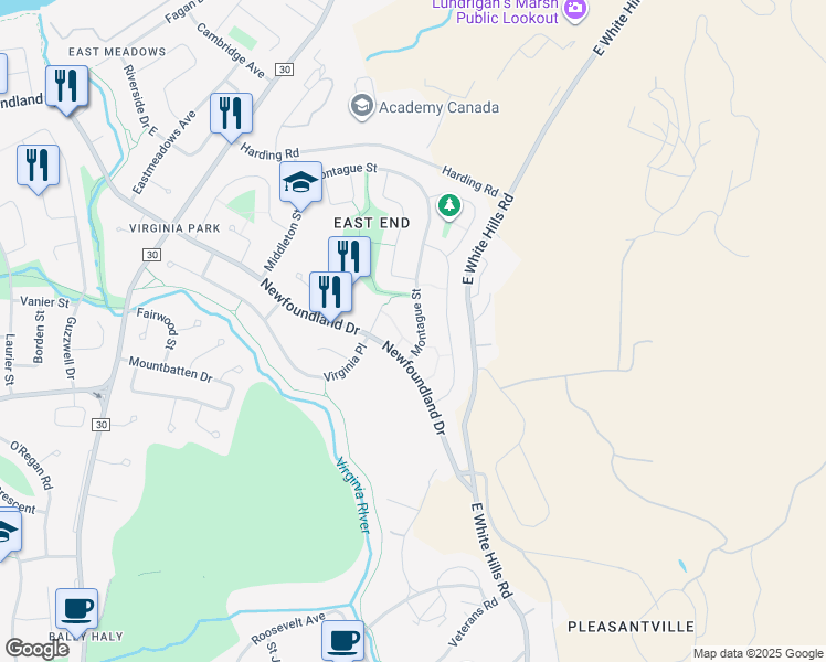 map of restaurants, bars, coffee shops, grocery stores, and more near 13 Montague Street in St. John's