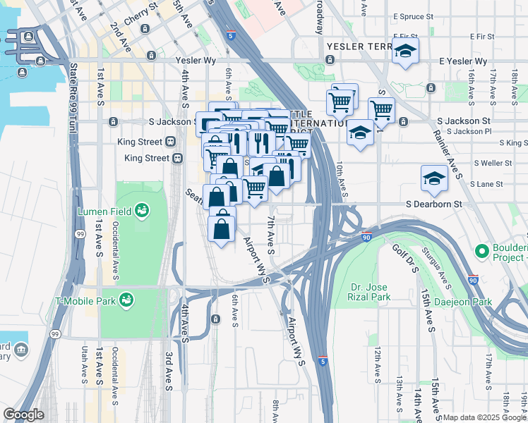 map of restaurants, bars, coffee shops, grocery stores, and more near 848 7th Avenue South in Seattle