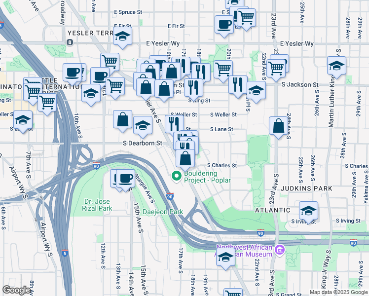 map of restaurants, bars, coffee shops, grocery stores, and more near 807 Hiawatha Place South in Seattle