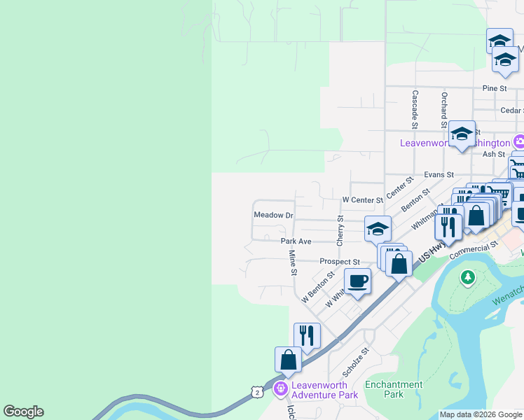 map of restaurants, bars, coffee shops, grocery stores, and more near 329 Meadow Drive in Leavenworth